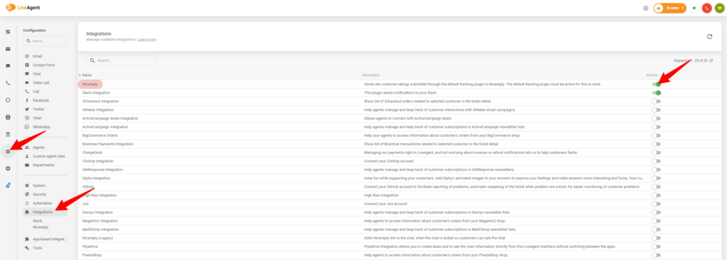 Proces povolenia integrácie s Nicereply v nastaveniach LiveAgent