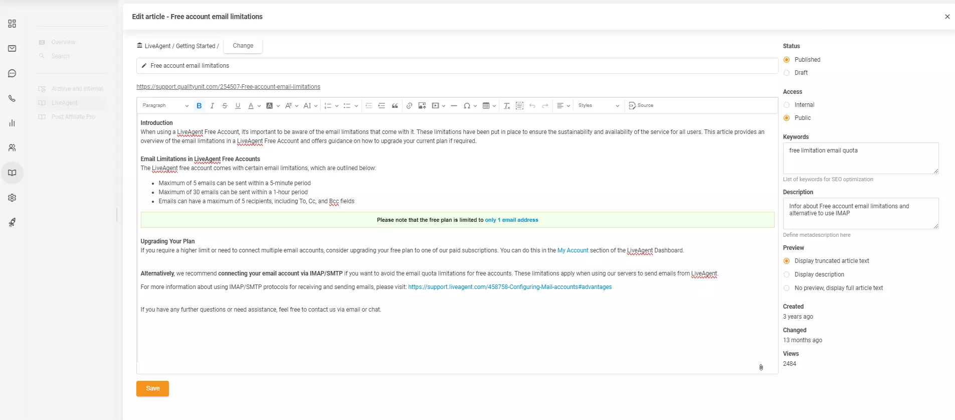 Editor článkov v LiveAgent