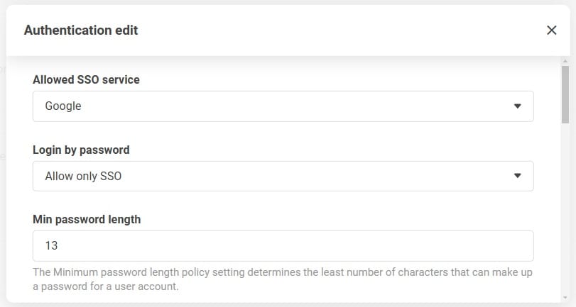 Obrazovka nastavení autentifikácie zobrazujúca možnosť povoliť iba SSO v sekcii prihlasovacieho hesla