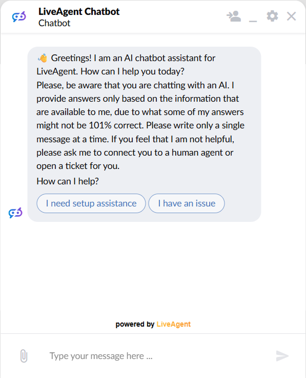 Okno chatu LiveAgent zobrazujúce pozdrav AI chatbotu s dvomi klikateľnými tlačidlami odpovedí pre pomoc s nastavením a nahlásenie problému