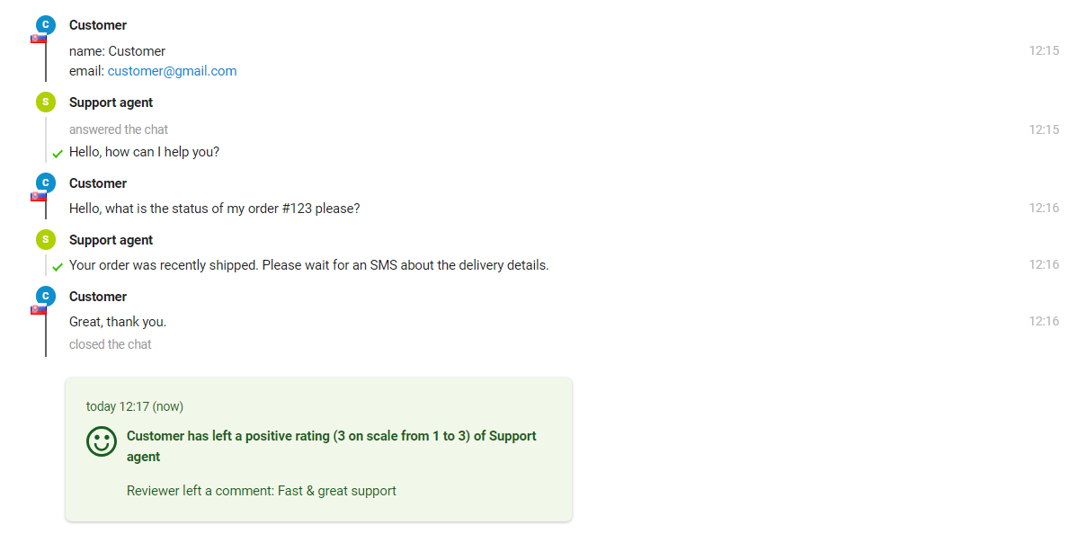 Obrázok ukazuje interakciu medzi zákazníkom a agentom podpory, kde agent môže vidieť hodnotenie na konci správy