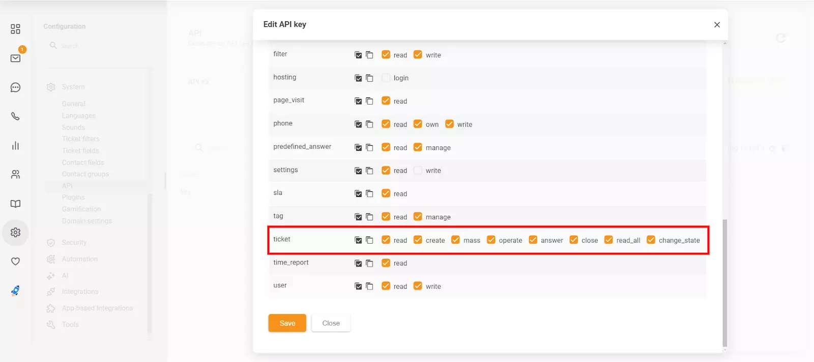 Sekcia Upraviť kľúč API v LiveAgent zobrazujúca nové povolenia close a 'change_state