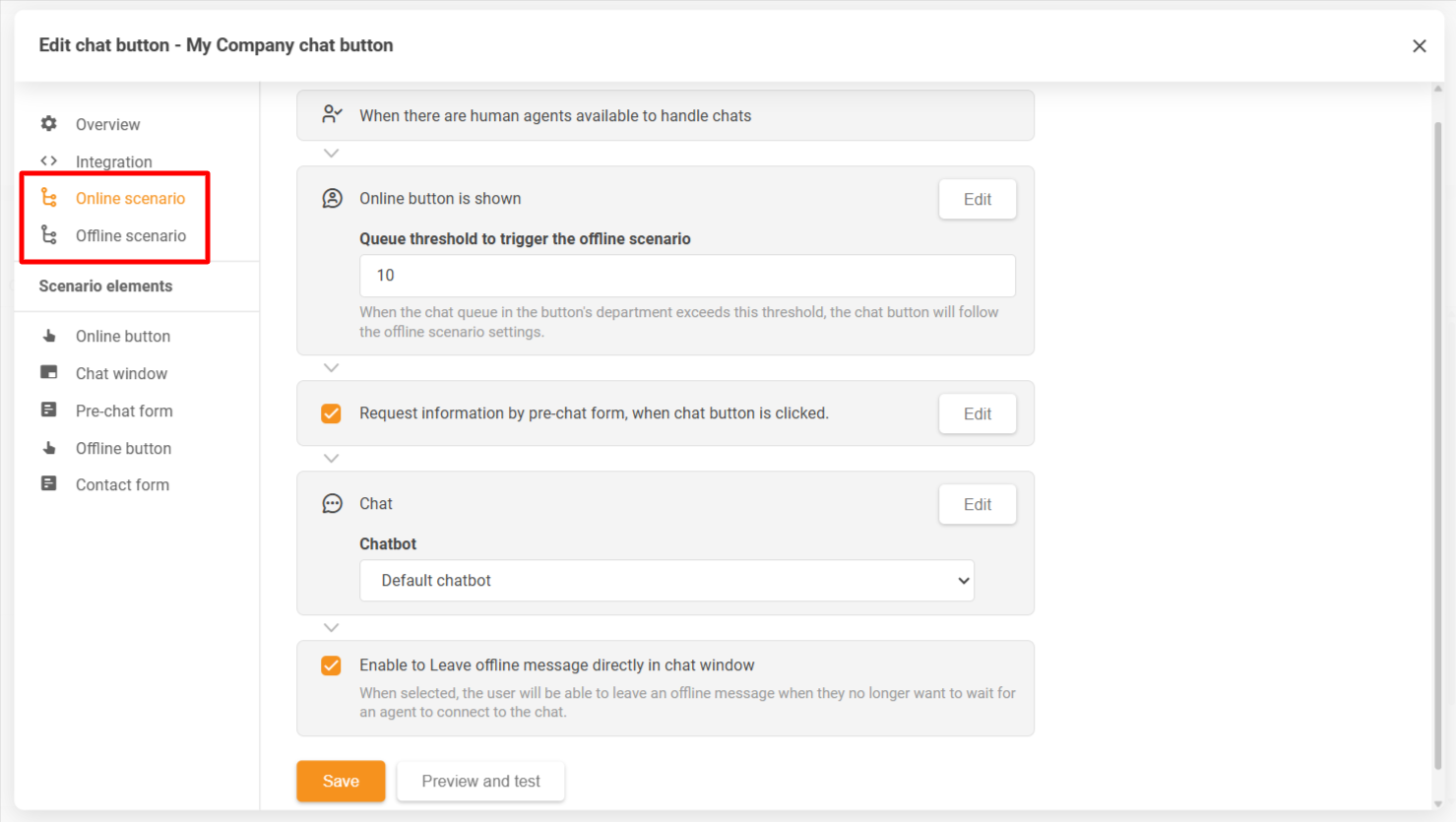 Okno konfigurácie tlačidla chatu LiveAgent zobrazujúce scenáre online a offline