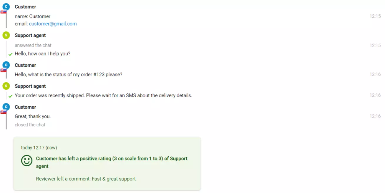 Obrázok chatu so zákazníkom, ktorý zanechal pozitívne hodnotenie.