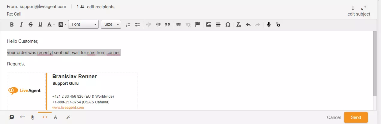 Obrázok zobrazujúci zvýraznený odpovedz na lístok v LiveAgent