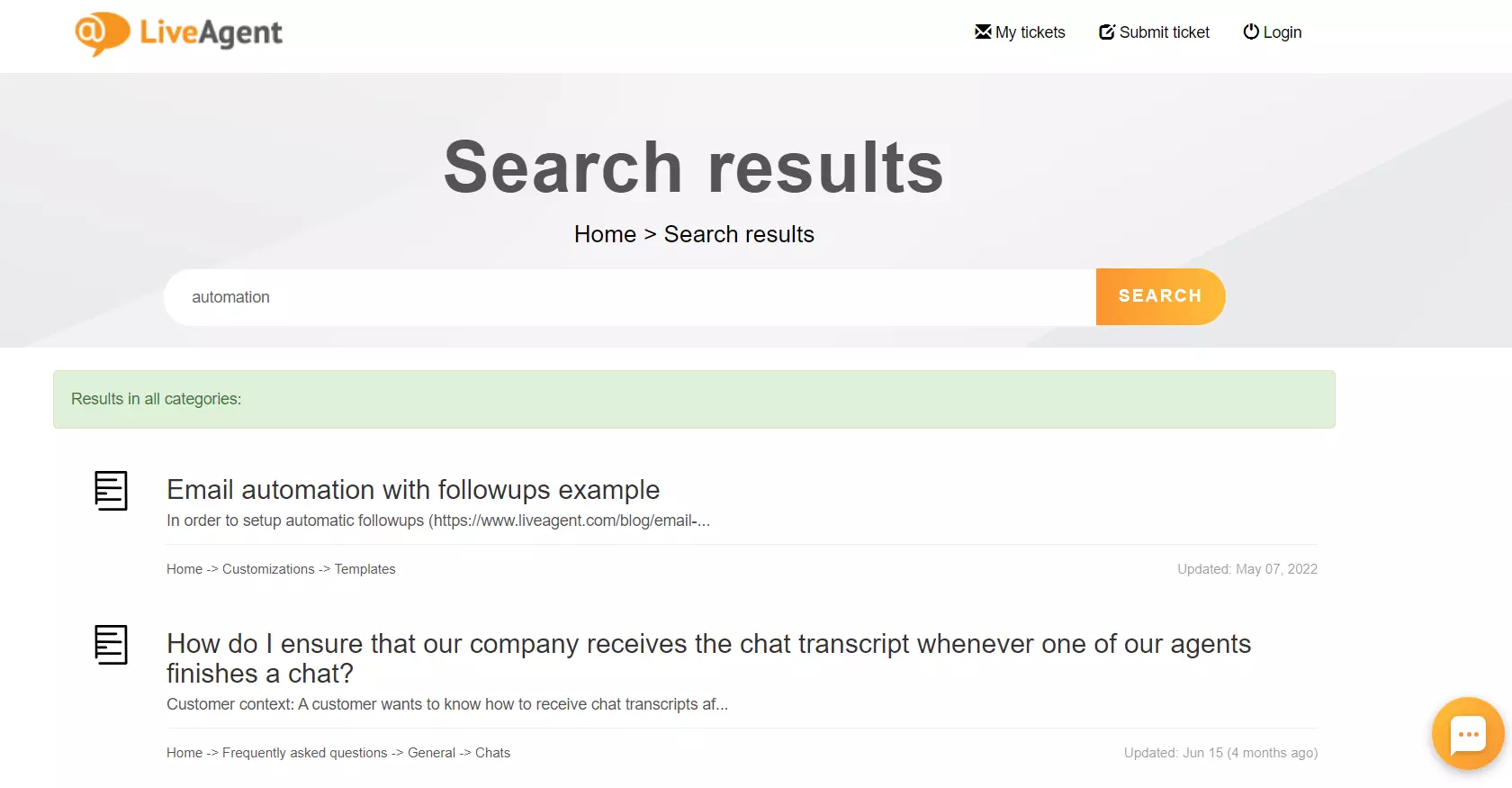 Funkcia vyhľadávania znalostnej bázy LiveAgent