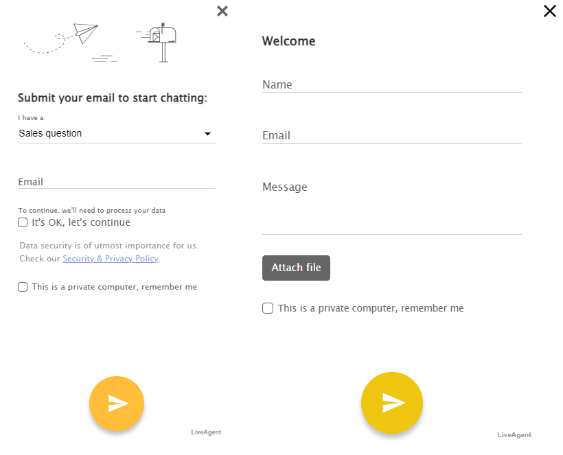 Okná prieskumu pred chatom zobrazujúce, aký typ informácií je možné požiadať.