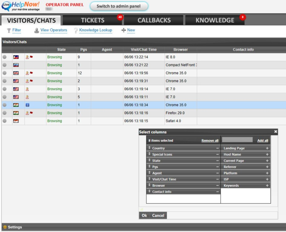 Ovládací panel chatu LiveHelpNow