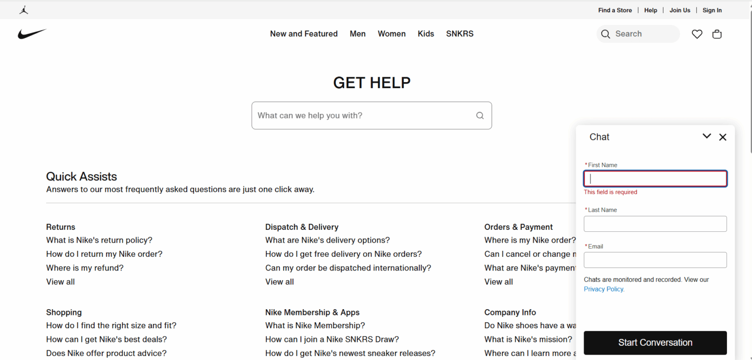 AI chatbot na webovej stránke Nike