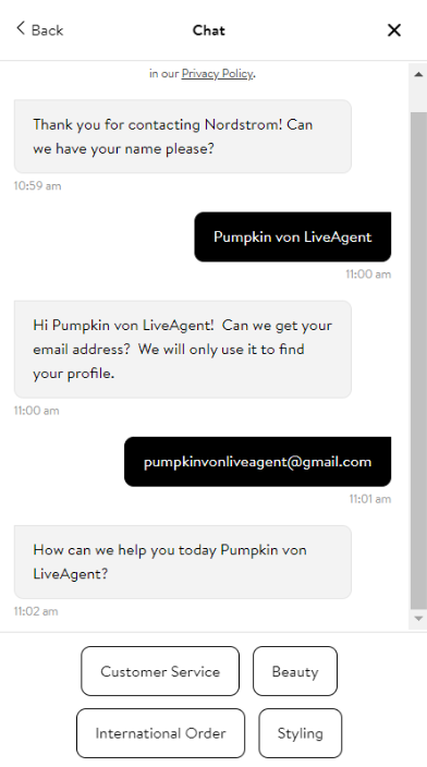 Funkcia chatbota Nordstrom