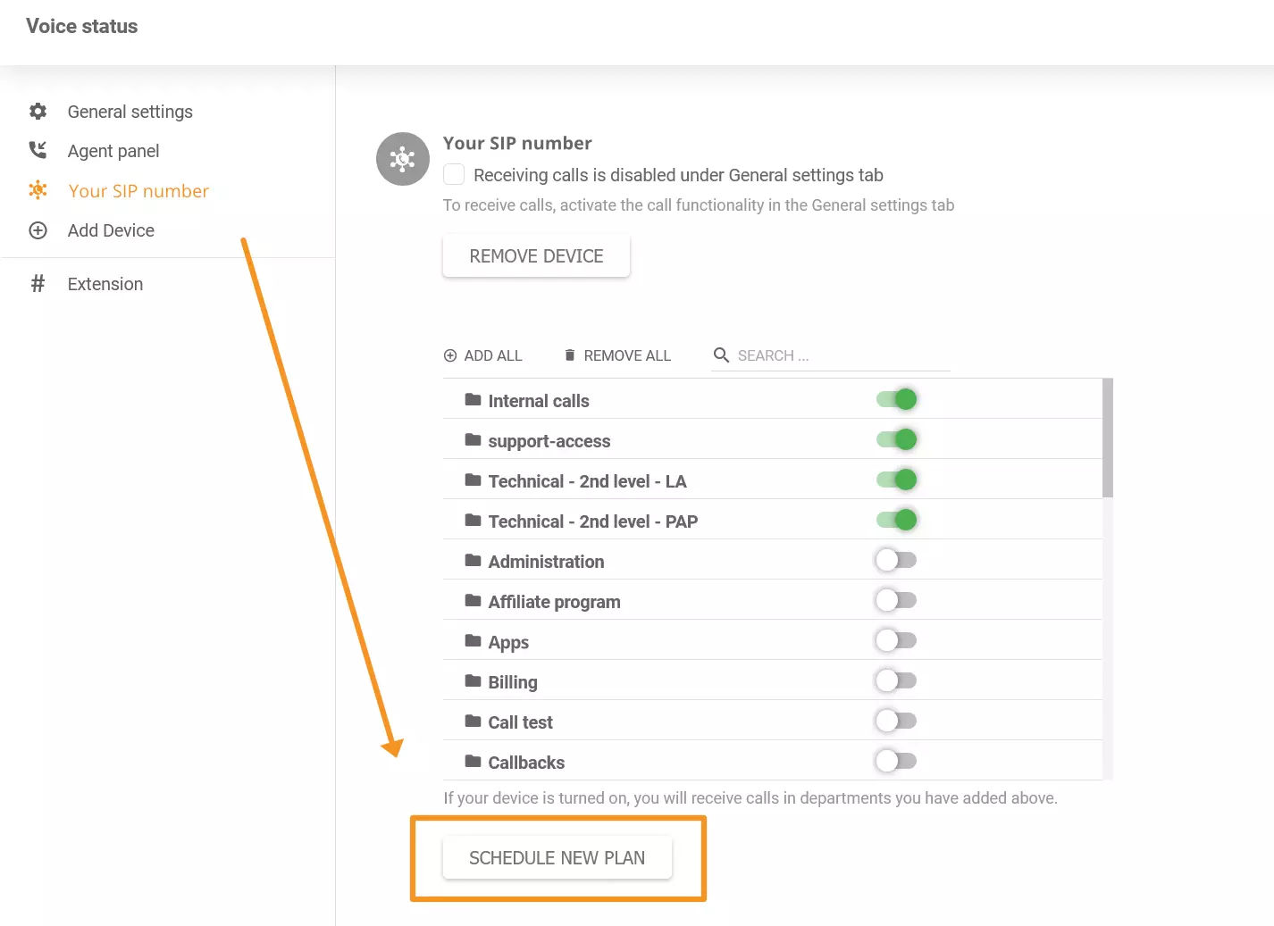 Obrázok ukazujúci, kde nájsť novú funkciu plánovača hovorov v LiveAgent