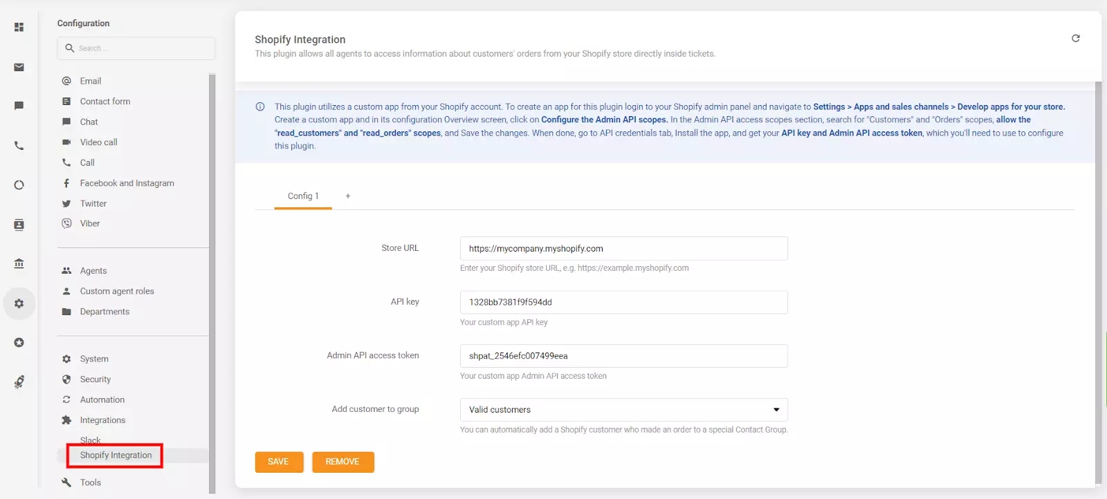 Umiestnenie kľúča API a tokenu prístupu API v sekcii konfigurácie LiveAgent