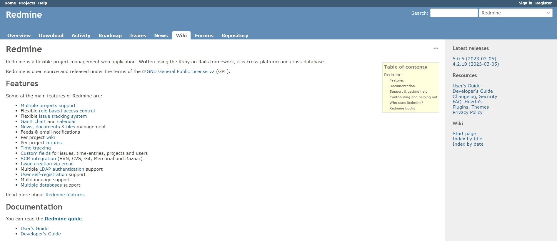 Domovská stránka Redmine - platforma s otvoreným zdrojovým kódom, ktorá vám môže pomôcť automatizovať procesy a pomôcť s plánovaním úloh na zlepšenie efektívnosti vašej spoločnosti.
