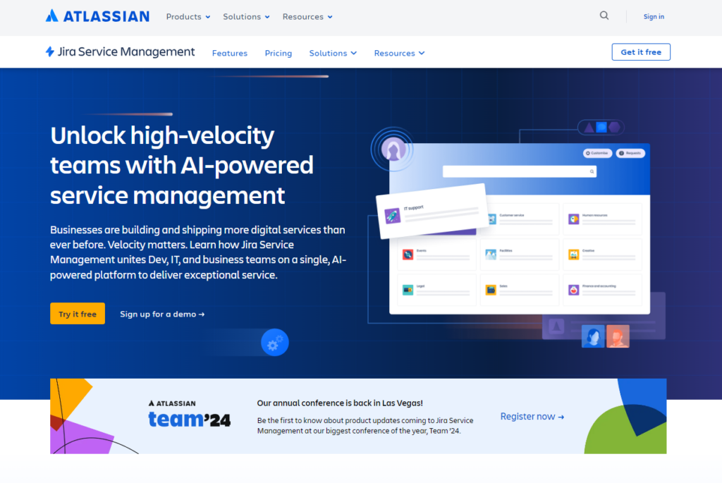 Domovská stránka Jira Service Management, alternatíva Help Scout pre software na helpdesk