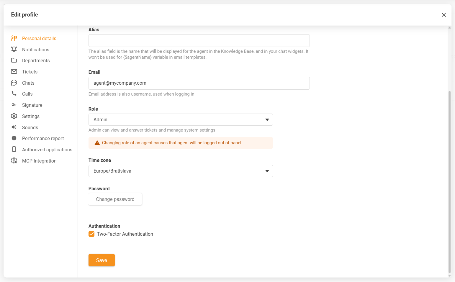 Nastavenia časového pásma profilu agenta LiveAgent