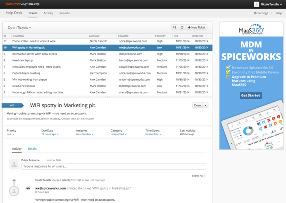 Zoznam tiketov Spiceworks Cloud Help Desk s podaniami z používateľského portálu