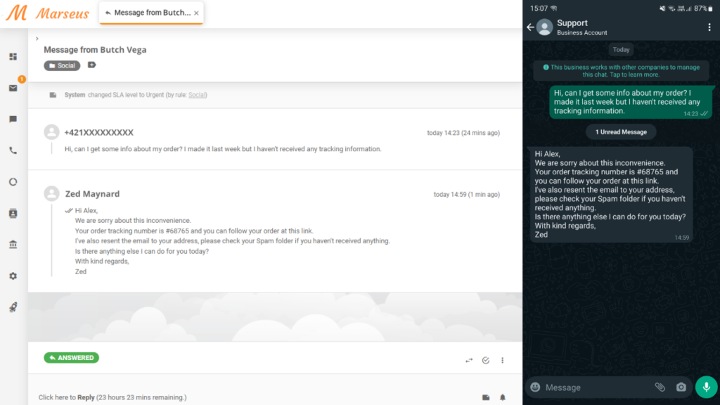 Správa WhatsApp zobrazená ako lístok v LiveAgent