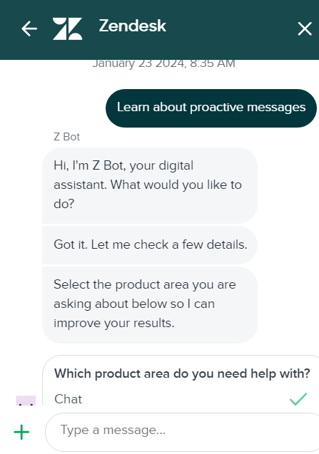 Obrázok ukazujúci, ako vyzerá live chat konverzácia Zendesku
