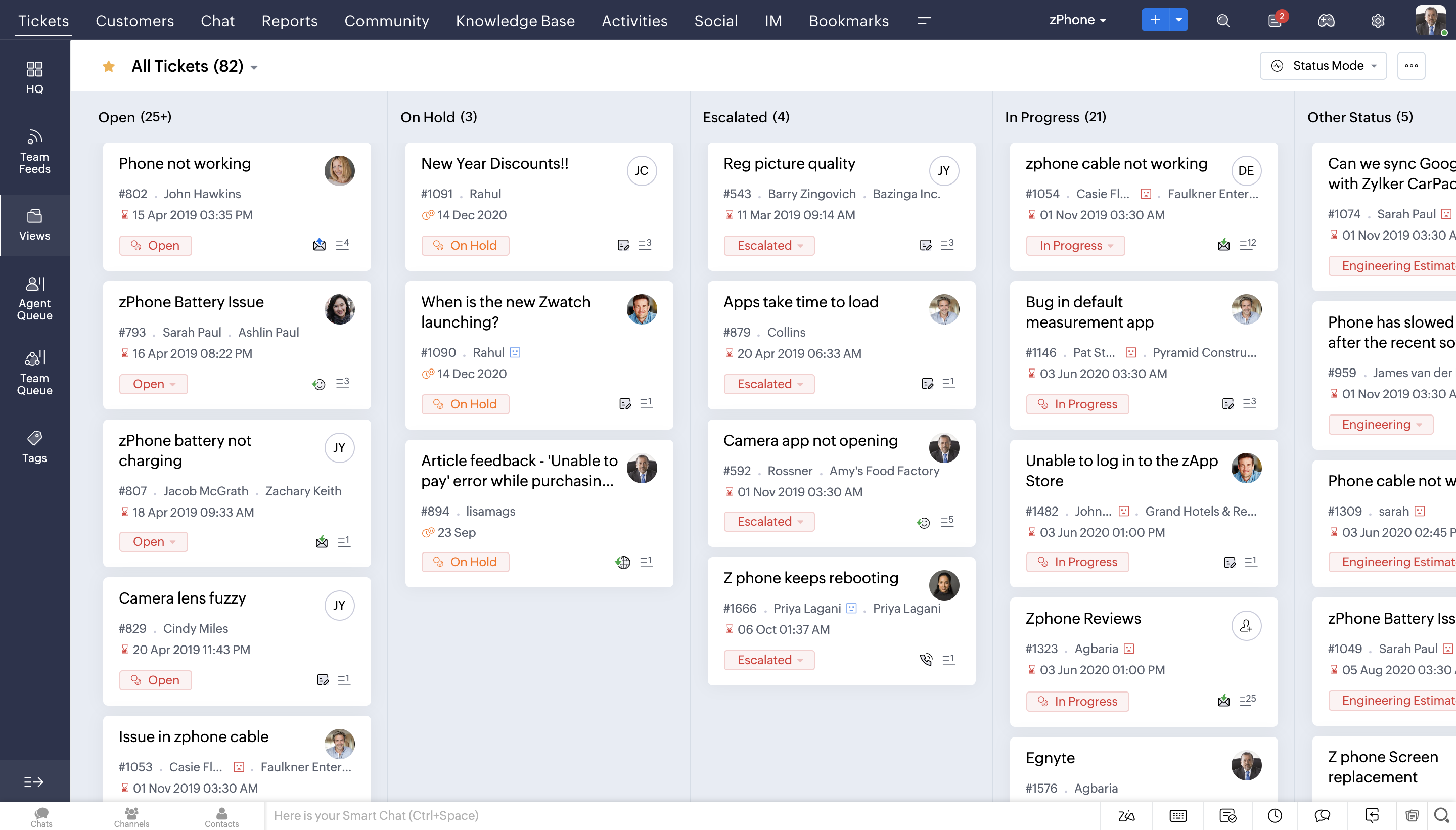 Zobrazenie agenta Zoho Desk s prepracovaným zobrazením frontu tiketov