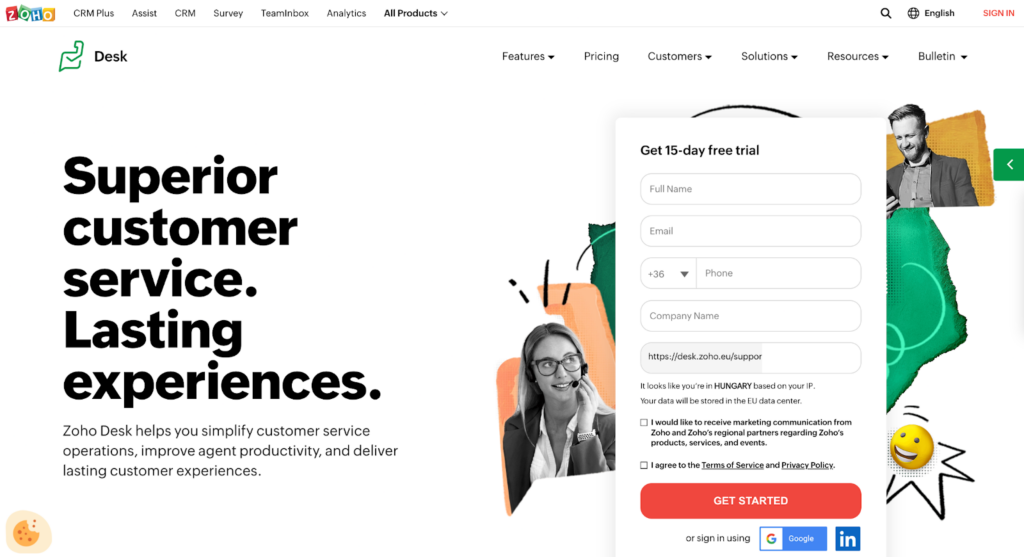 Domovská stránka systému Zoho Desk ticketing