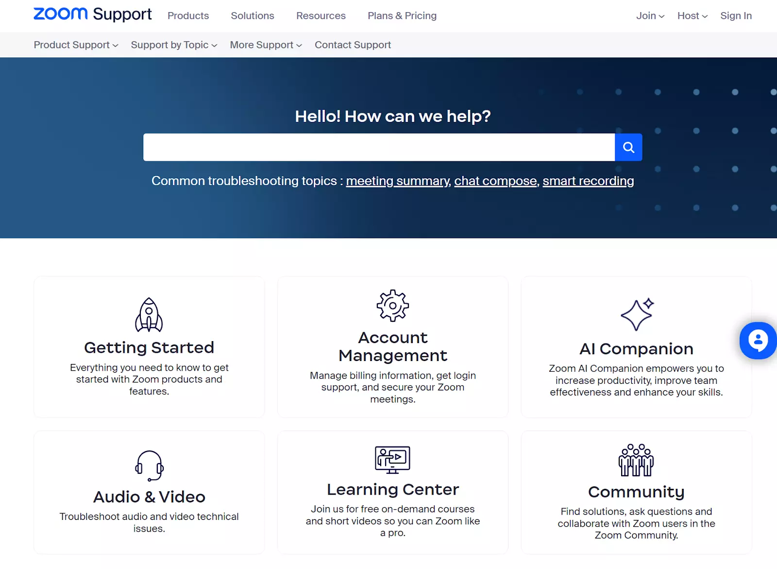 Stránka knowledge base Zoom