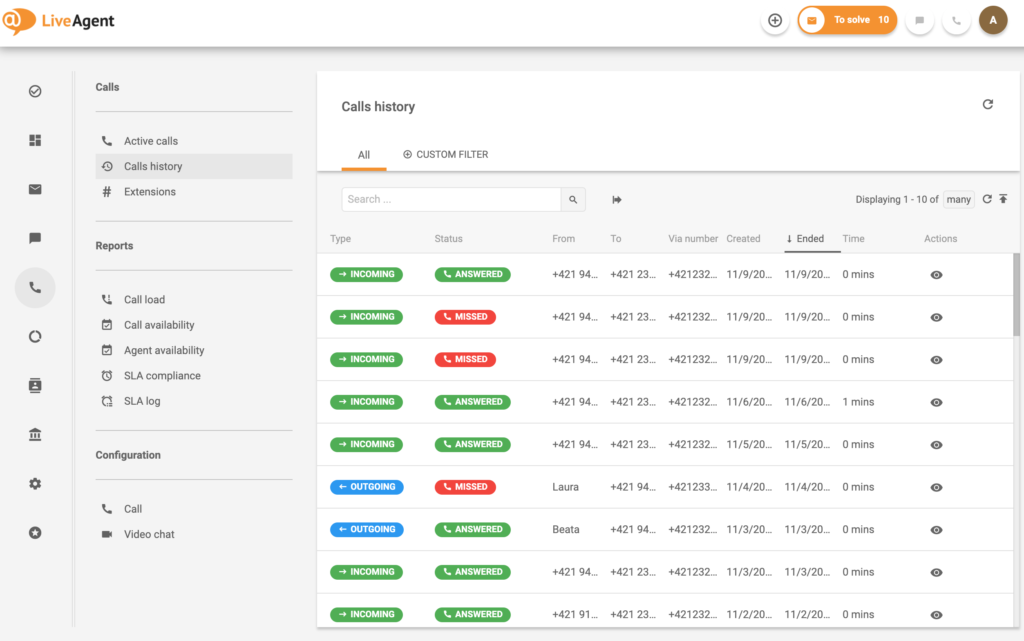 Správa call centra - história hovorov