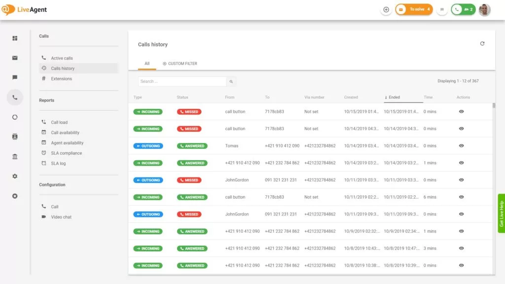 Prehľad rozhrania call centra v LiveAgent.
