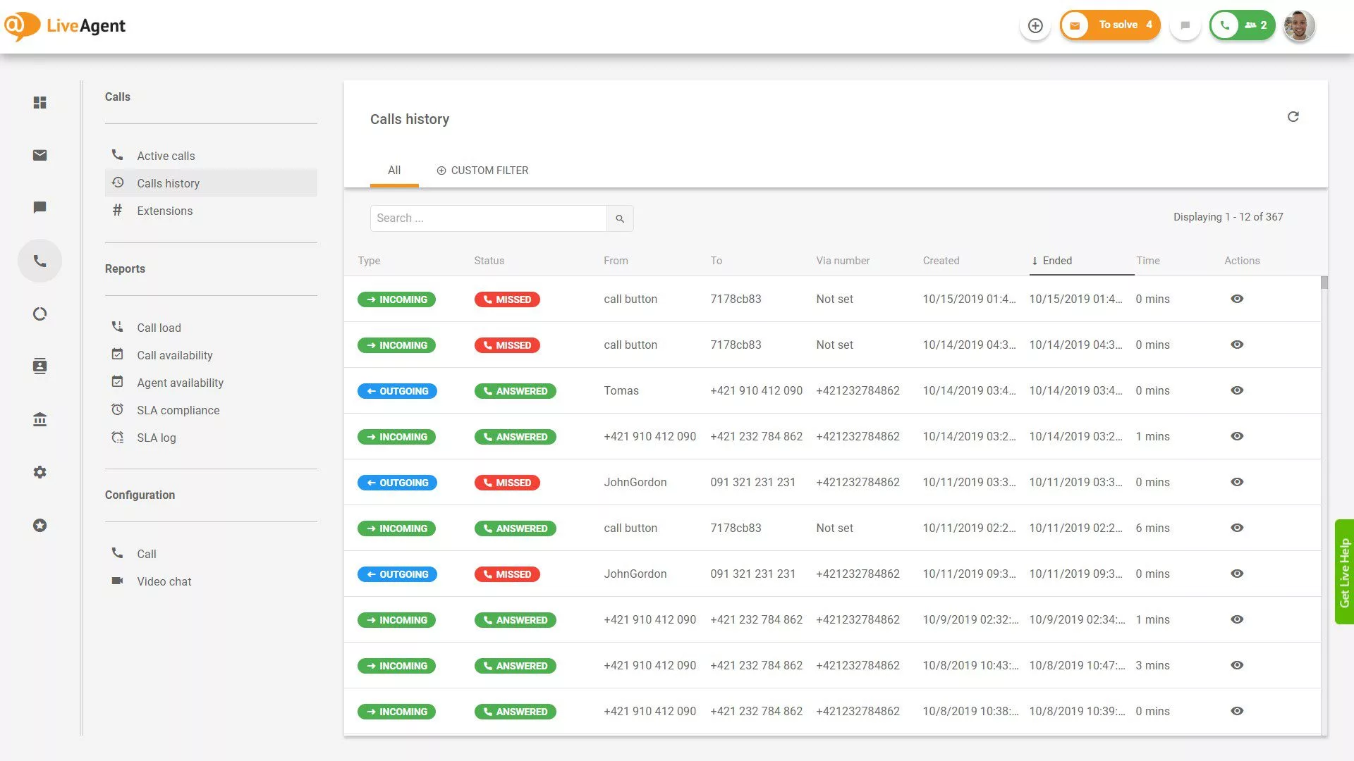 Prehľad call centra LiveAgent