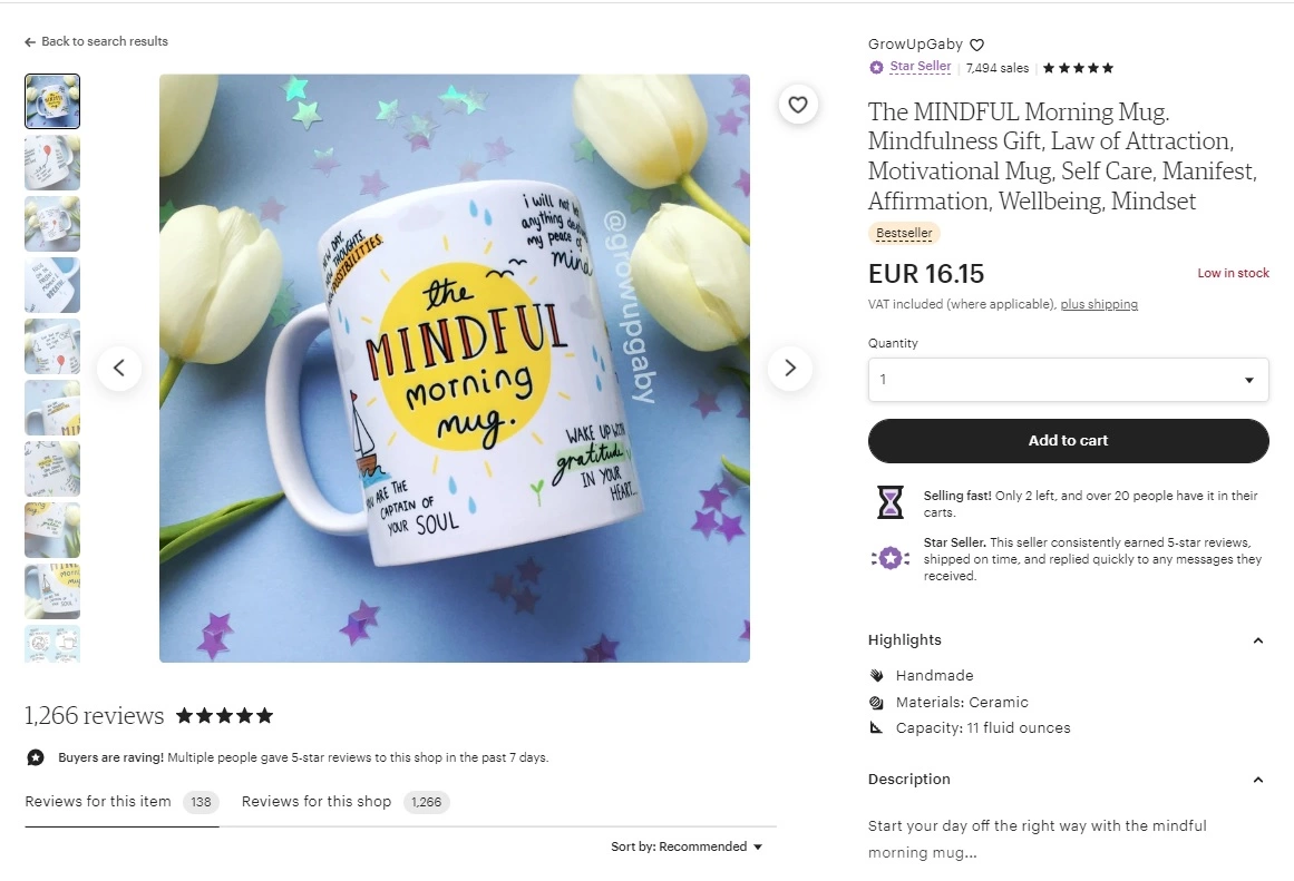 Príklad inzerátu produktu Etsy