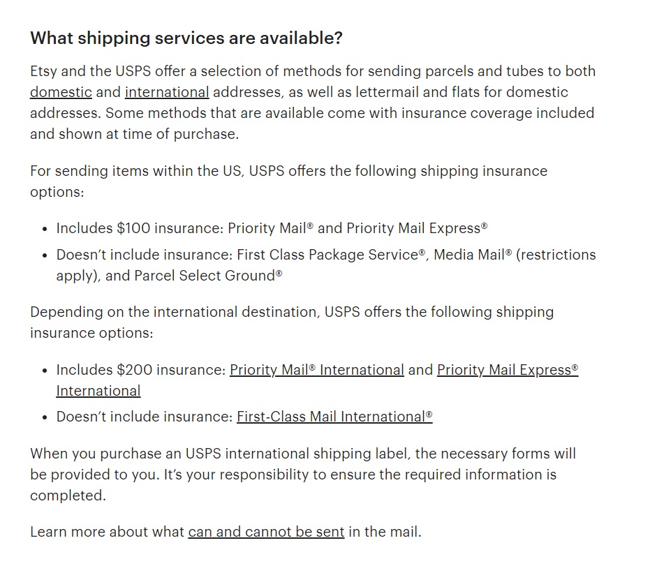 Dostupné služby poštovného Etsy