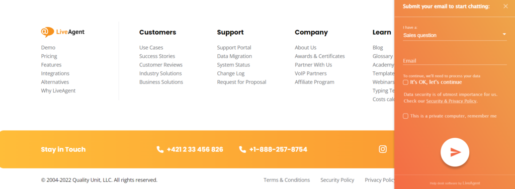 Päta webovej stránky LiveAgent a live chat