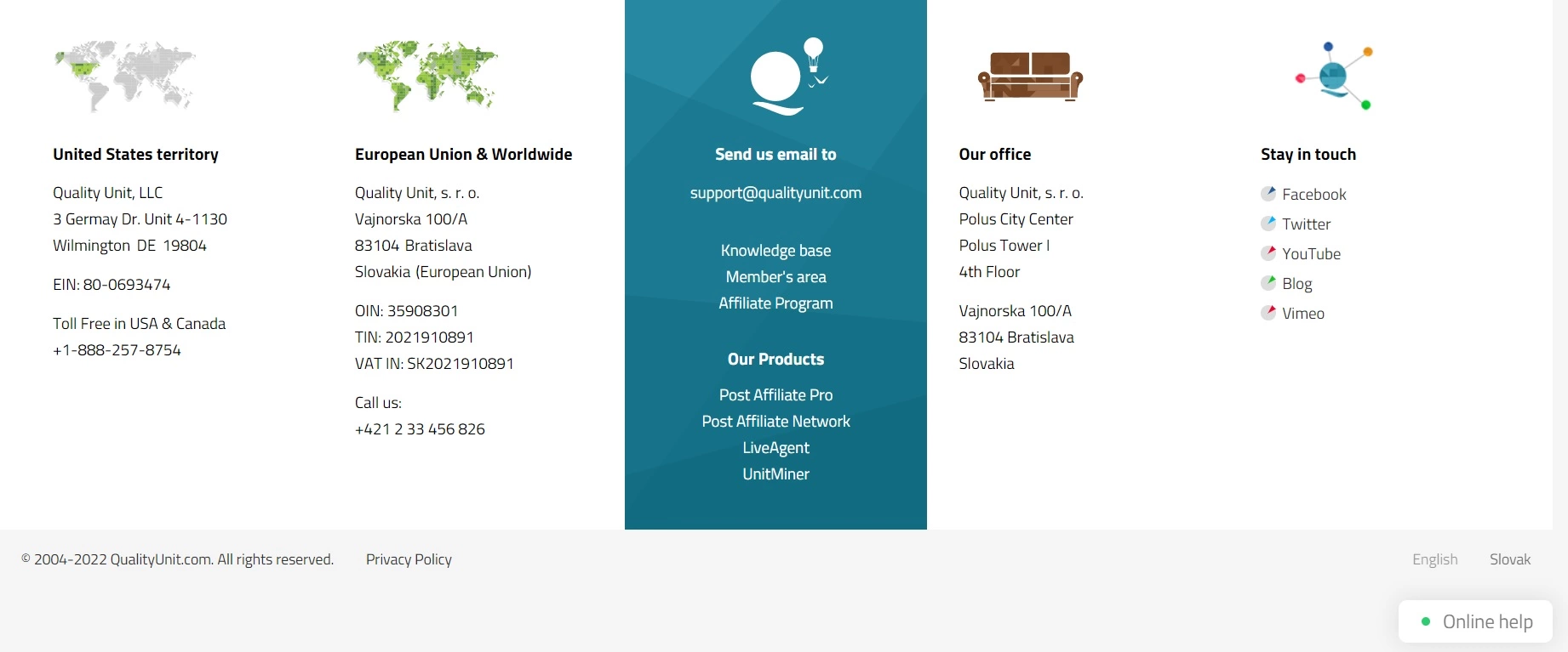 Stránka Kontaktujte nás Quality Unit