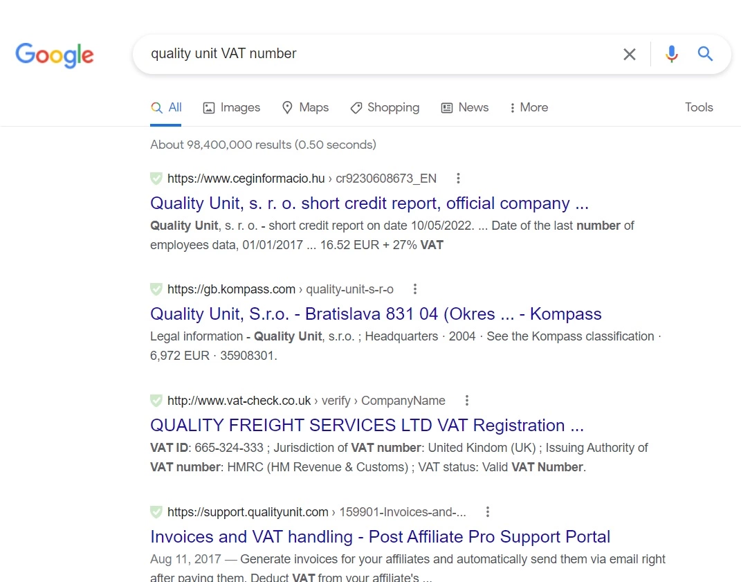 Vyhľadávanie čísla DPH Quality Unit na Googli