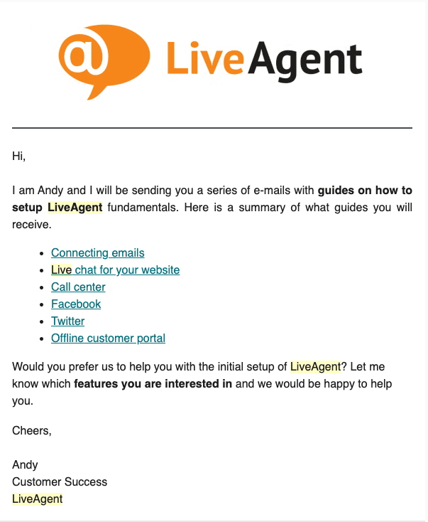 E-mail na zavedenie LiveAgent