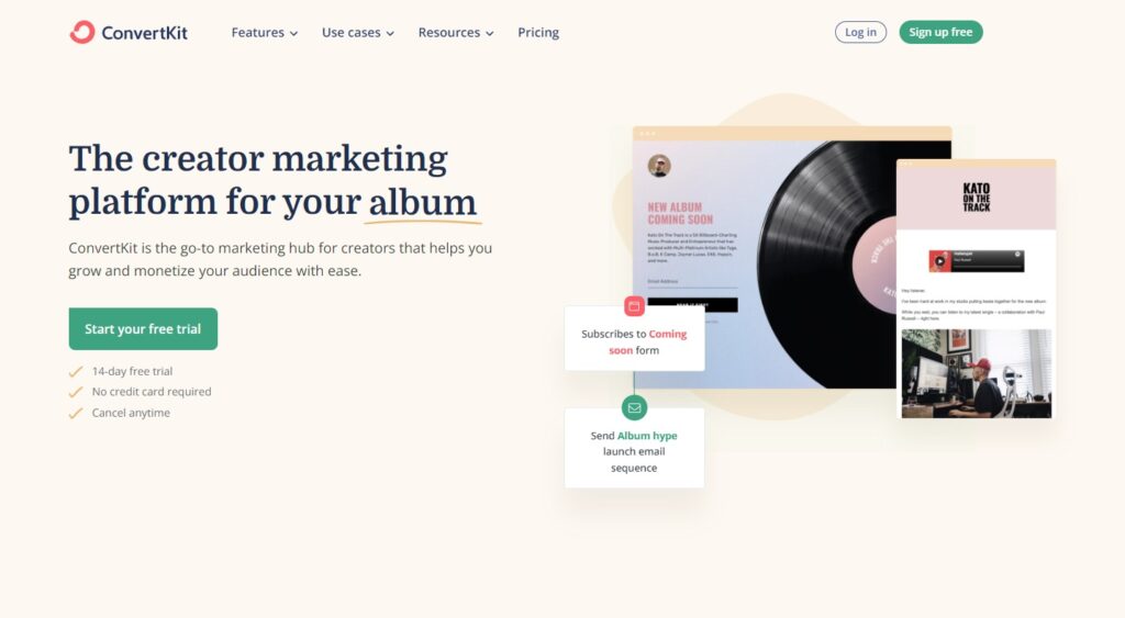 Domovská stránka ConvertKit, softvér na správu e-mailov pre tvorcov