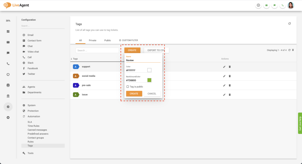 Vytvorenie vlastných značiek v LiveAgent