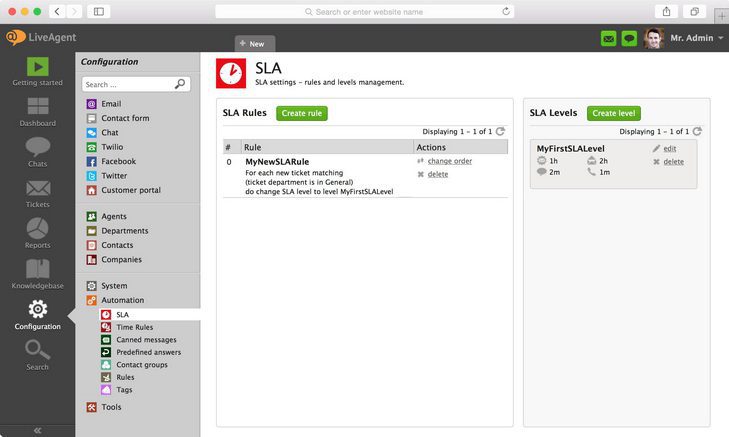 Obrázok ukazuje, kde nájsť nastavenia SLA v LiveAgent