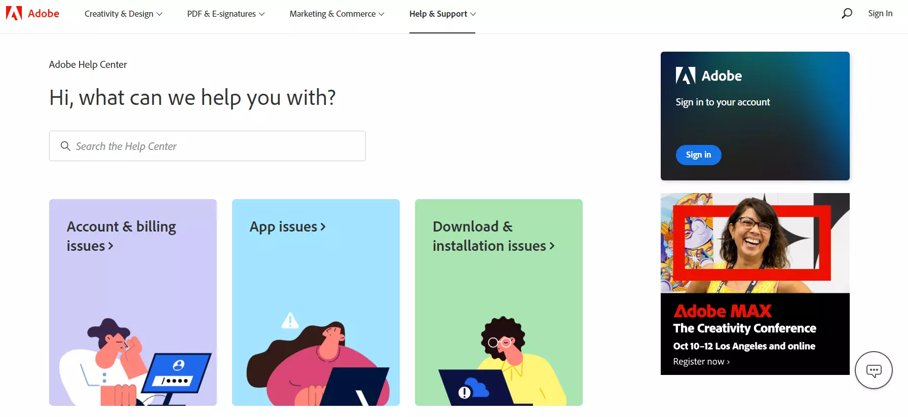 Stránka znalostnej bázy Adobe, ktorá ukazuje ich systém správy znalostí.