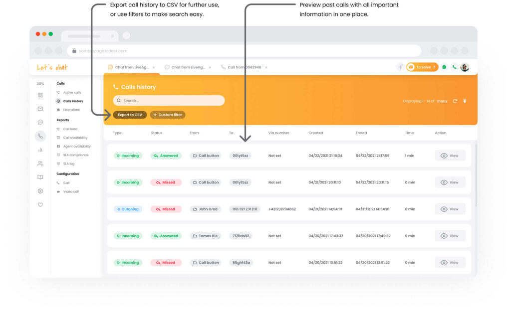 História hovorov call centra v LiveAgent