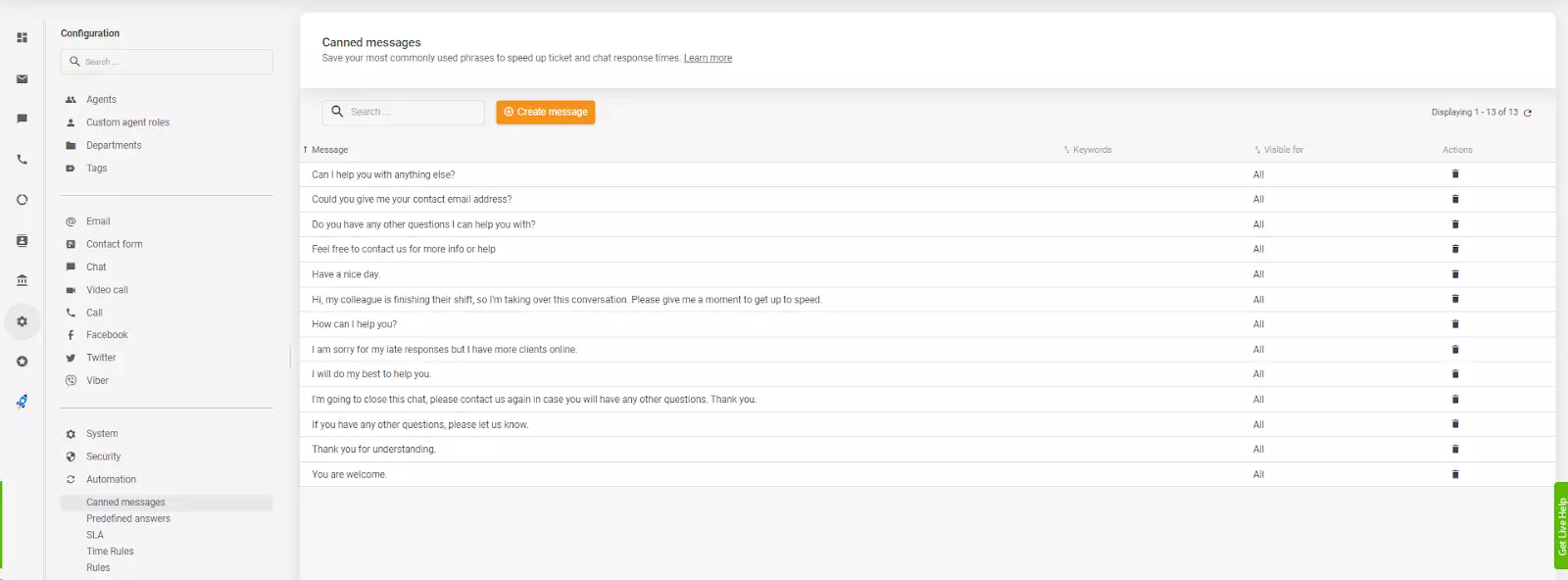 Vopred pripravené odpovede v časti Automatizácia v rozhraní agenta LiveAgent