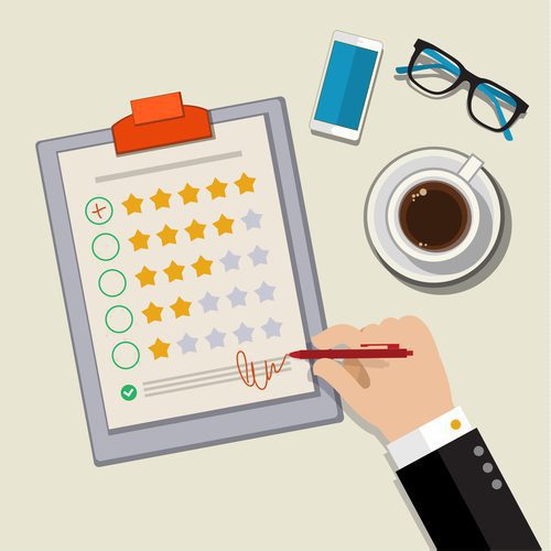 Ilustrácia spätnej väzby zákazníka - Ruka kontrolujúca výbornú značku v prieskume