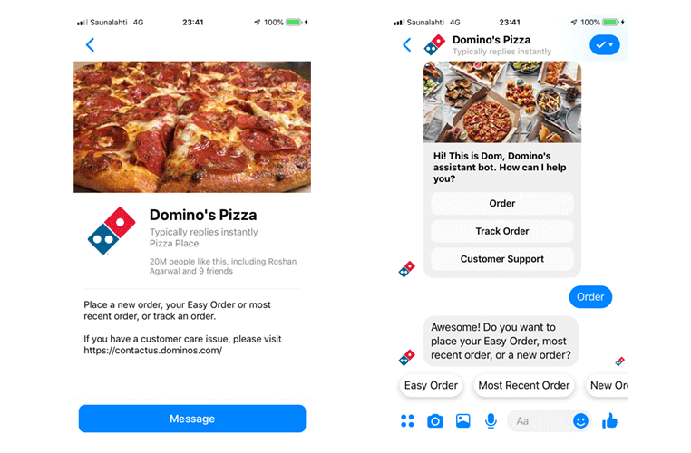 Chatovací live chat Domino's Pizza Messenger na zadávanie objednávok