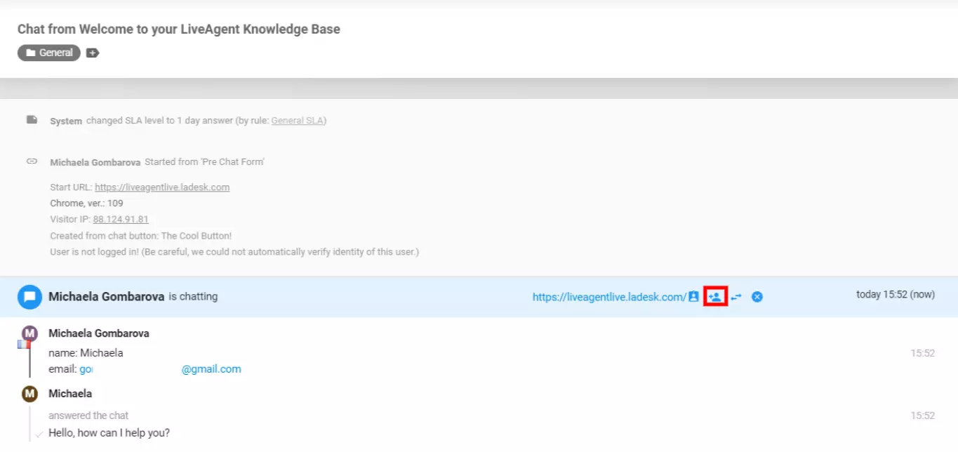 LiveAgent - pozvanie kolegu na chat