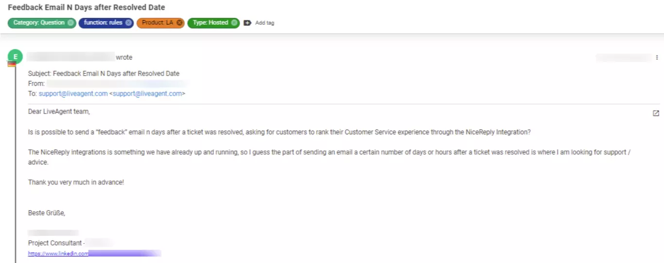 Snímka obrazovky lístka, ktorá ukazuje zákazníckú otázku, ktorá sa považuje za nízku prioritu.