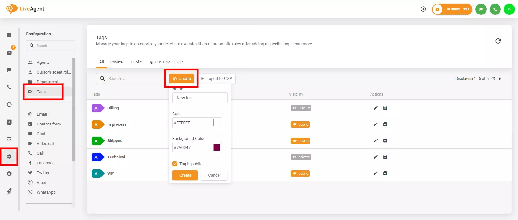 Obrázok ukazuje, kde nájsť a vytvoriť značky v LiveAgent