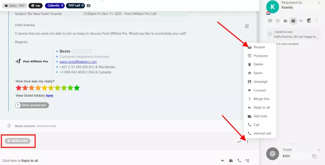 LiveAgent znova otvoriť lístok