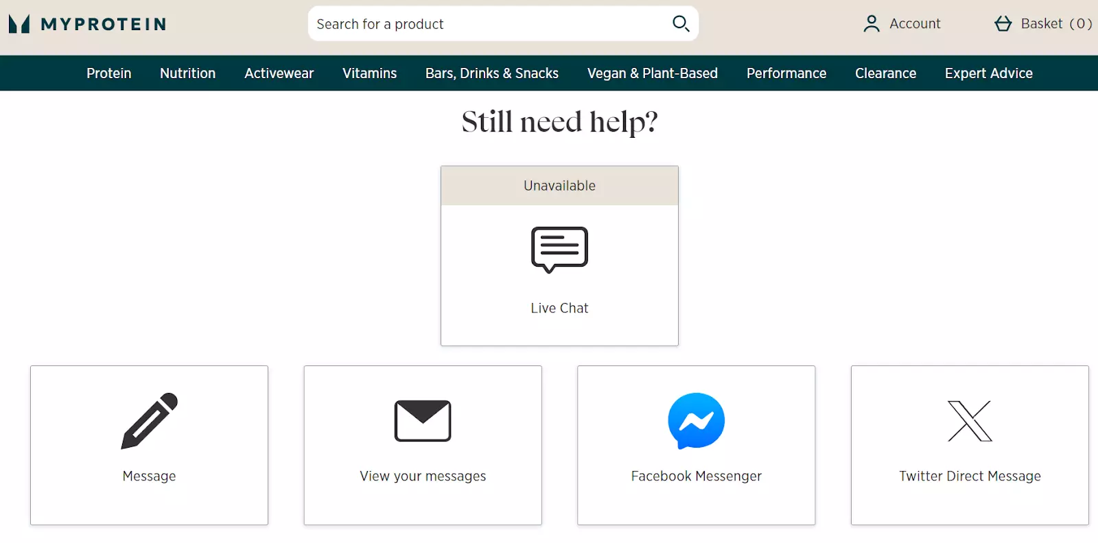 Stránka podpory MyProtein s komunikačnými kanálmi