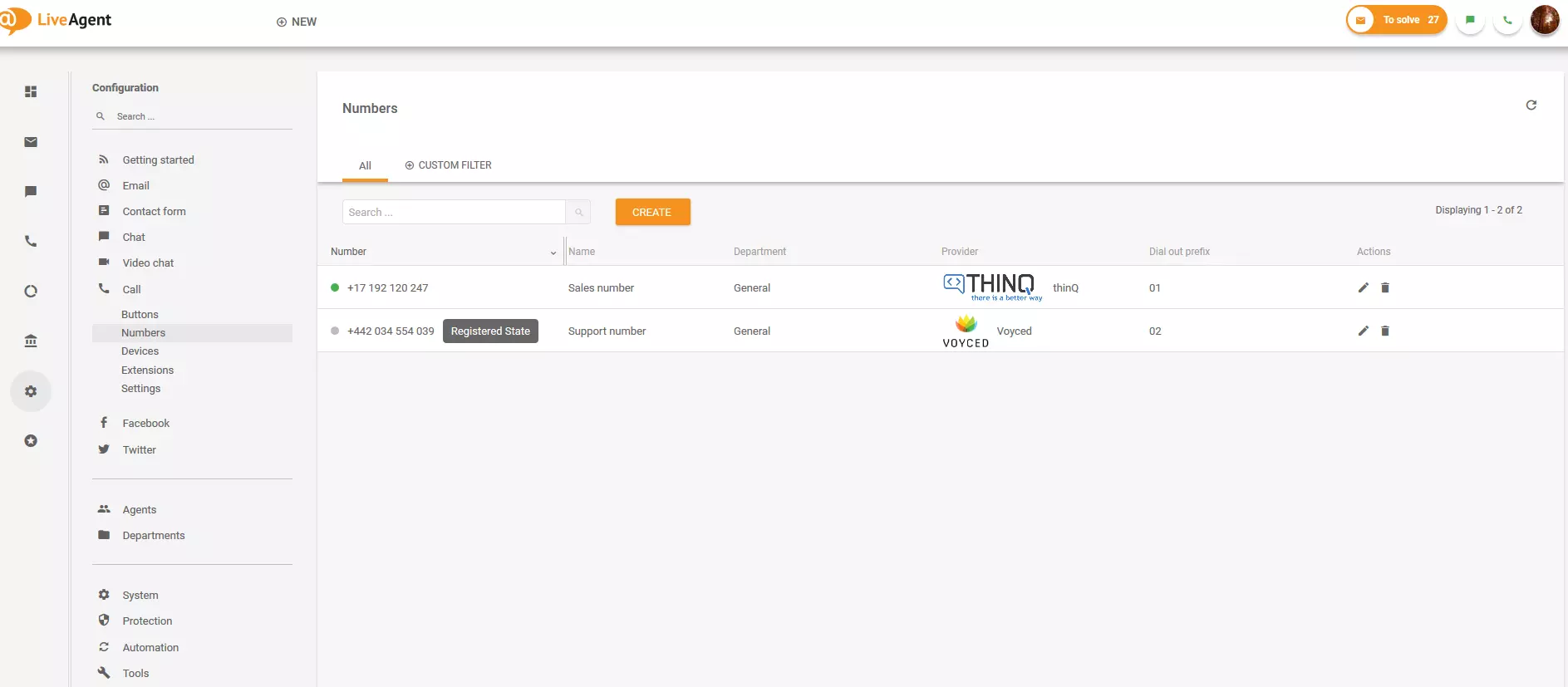 Sekcia Čísla v LiveAgent