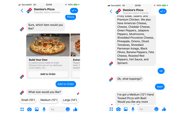Pokračovanie procesu objednávania live chatu Domino's Pizza