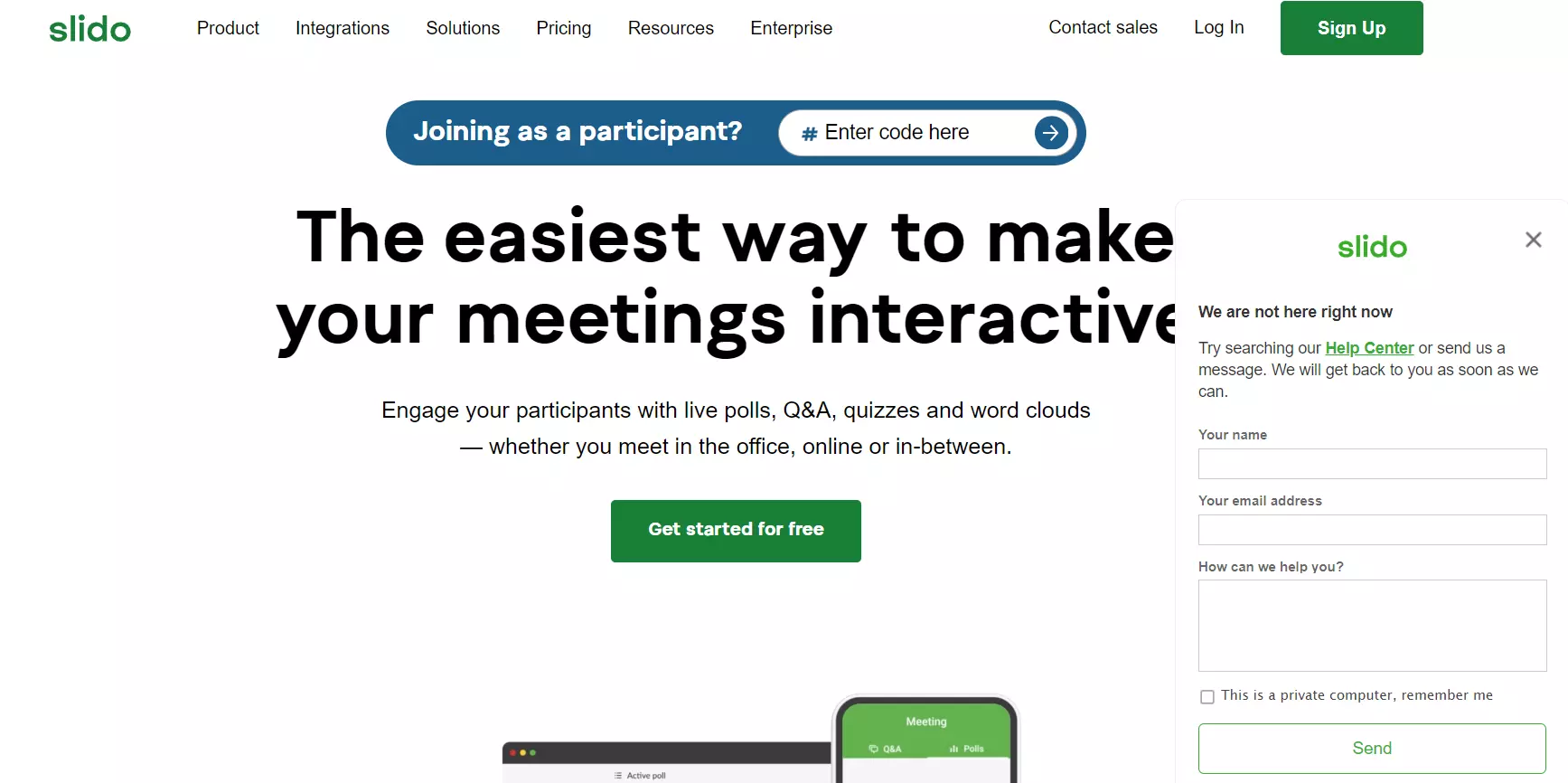 Domovská stránka Slido s ich chatboxom